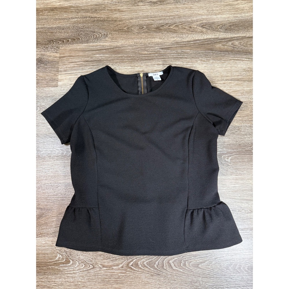 Bar III Blouse‎ Women's M Black Peplum Top Short Sleeve Exposed Zipper Textured